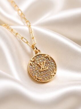 Upcycled LV Inspired Gold Crystal Disc Pendant Necklace - Gold